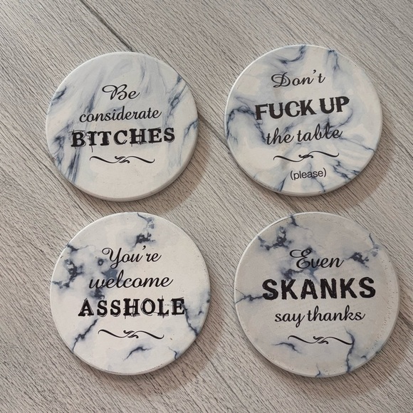 Unbranded Other - Set Of 4 Naughty Coasters White Marble Print 4” Graphic Moisture Absorbing